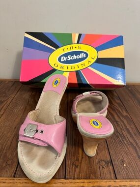Dr. Scholl's Pink Leather Slide Heels with Wooden-Look Stacked Heel